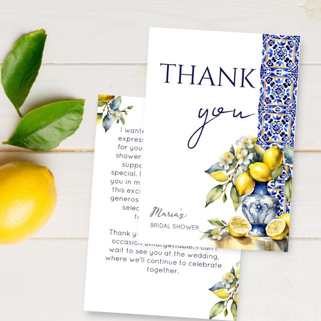 Amalfi Brautparty Dankeskarte (Amalfi Italian Vietri blue tiles lemons bridal shower Thank You Card Mediterranean ceramic vase)