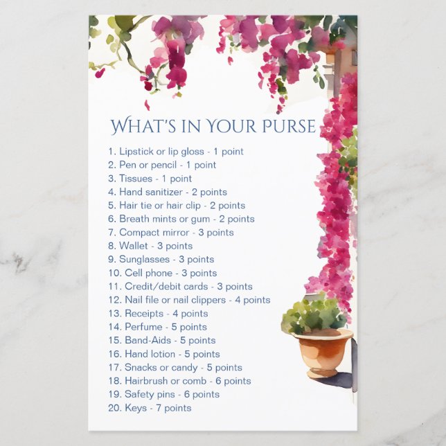 Amalfi bridal shower games whats in your purse (Vorderseite)