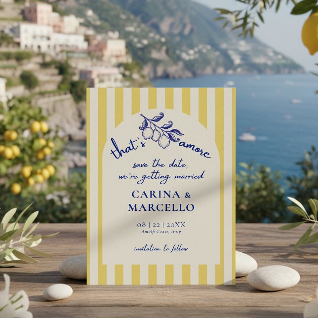 Amalfi Coast Amore Lemon Stripe Wedding Save The Date (Von Creator hochgeladen)