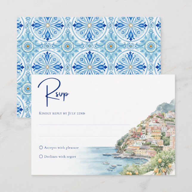 Amalfi Coast Amore | Watercolor Seaside Wedding RSVP Karte (Vorne/Hinten)