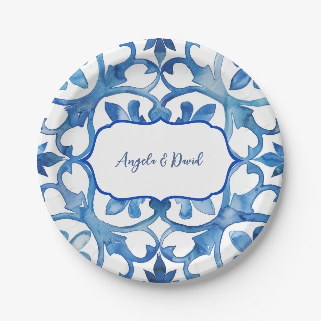 Amalfi Coast Blue White Tiles Italien Pappteller (Vorderseite)