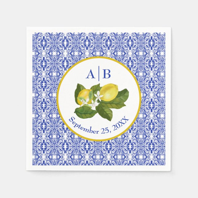 Amalfi Coast I Italian Lemon & Blue Tile Mongram Serviette (Vorderseite)