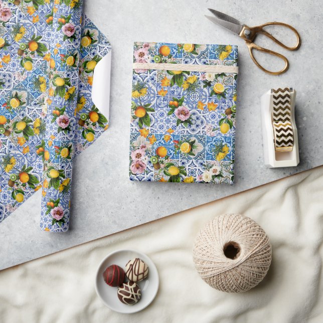 Amalfi Coast Lemon Bouquet Tiles Italien Geschenkpapier (Kunsthandwerk)