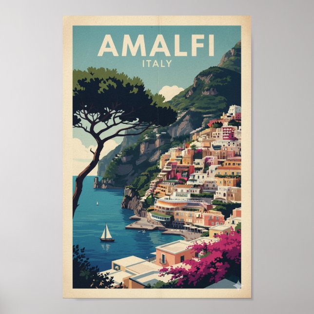 Amalfi Coast Vintage Poster – Positano Retro Print (Vorne)