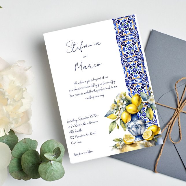 Amalfi - Hochzeit der Zitronen Einladung (Amalfi Italian blue tiles lemons wedding Invitation editable template digital download casual script)