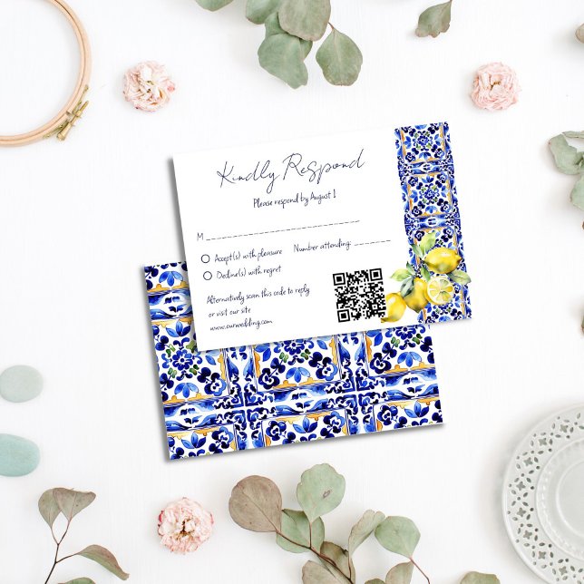 Amalfi - Hochzeit der Zitronen RSVP Karte (Amalfi Italian blue tiles lemons wedding RSVP Card Mediterranean themed wedding qr rsvp cards)