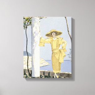 Amalfi, Illustration einer Frau in einem gelben Leinwanddruck