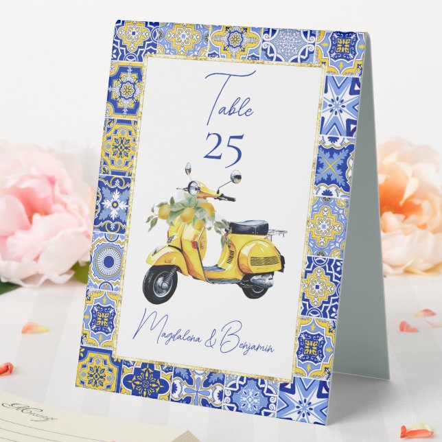 Amalfi Italian Blue Tile Scooter Lemons Wedding Tischaufsteller (In Situ (Hochzeit))