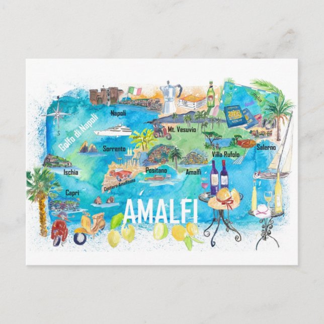 Amalfi Italie Illustré Carte de Voyage Méditerrané (Devant)