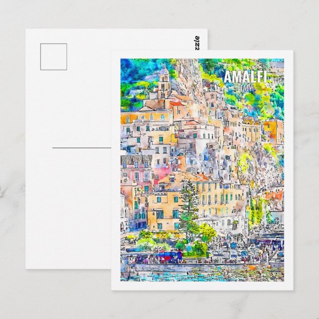 Amalfi Italien Berühmte Wasserfarbenskizze Postkarte (Vorne/Hinten)