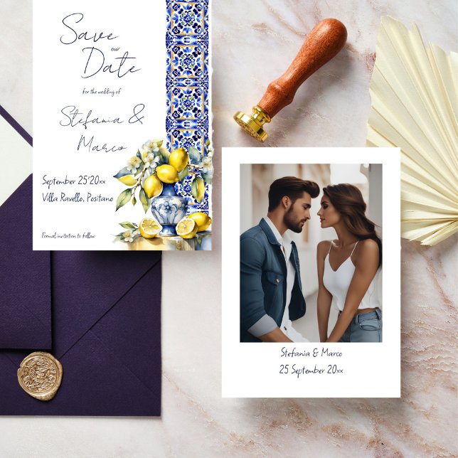 Amalfi Italienisch blaue Fliesen Zitronen Fotovorl Einladung (Amalfi Italian blue tiles lemons photo template save the date invitation digital download)