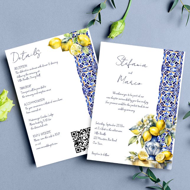 Amalfi Italienisch blaue Zitronen alle in einer Ho Einladung (Amalfi Italian blue tiles lemons all in one wedding Invitation editable template digital download )