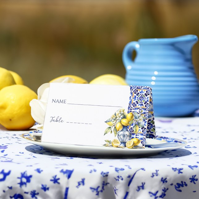 Amalfi Italienische blaue Fliesen Zitronen Name un Platzkarte (Amalfi Italian Vietri blue tiles lemons name and table Place Card Mediterranean themed place cards)