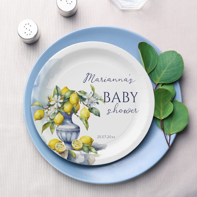 Amalfi Italienische blaue Vanille Zitronen Babydus Pappteller (Amalfi Italian blue vase lemon baby shower monogram printed Paper Plates personalized table decor)