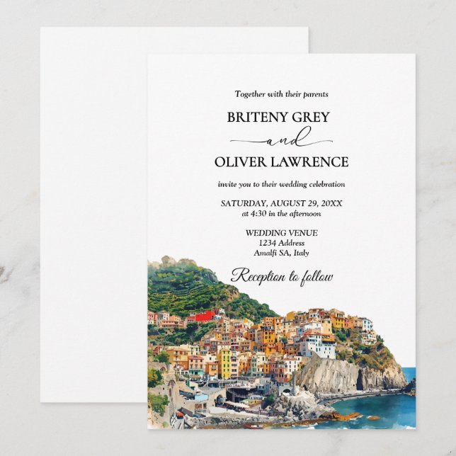 Amalfi Küste Italien Wasserfarbe Skyline Hochzeit Einladung (Vorne/Hinten)