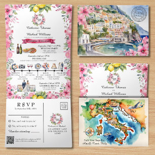 Amalfi Küste Italien Wasserfarben Hochzeit in Urla Dreifach Gefaltete Einladung