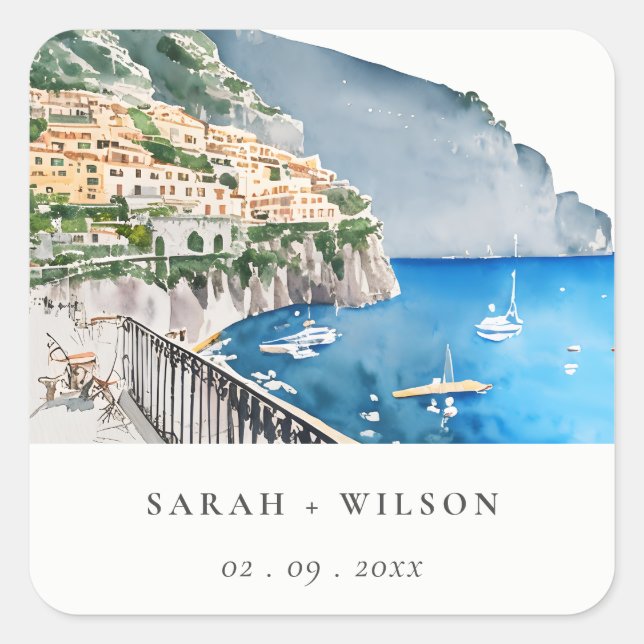 Amalfi Küste Italien Wasserfarbenwelt Hochzeit Quadratischer Aufkleber (Vorderseite)