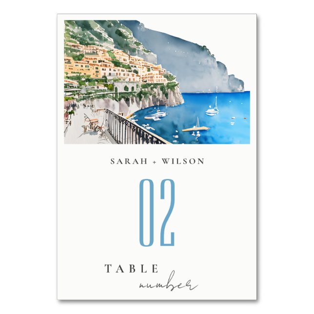 Amalfi Küste Italien Wasserfarbenwelt Hochzeit Tischnummer (Vorderseite)