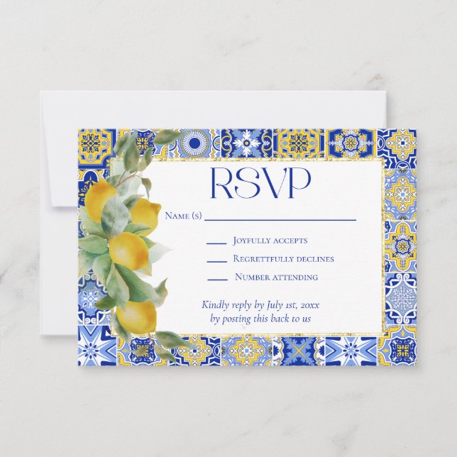 Amalfi Küste Italienisch Blue Tiles Lemons Wedding RSVP Karte (Vorderseite)
