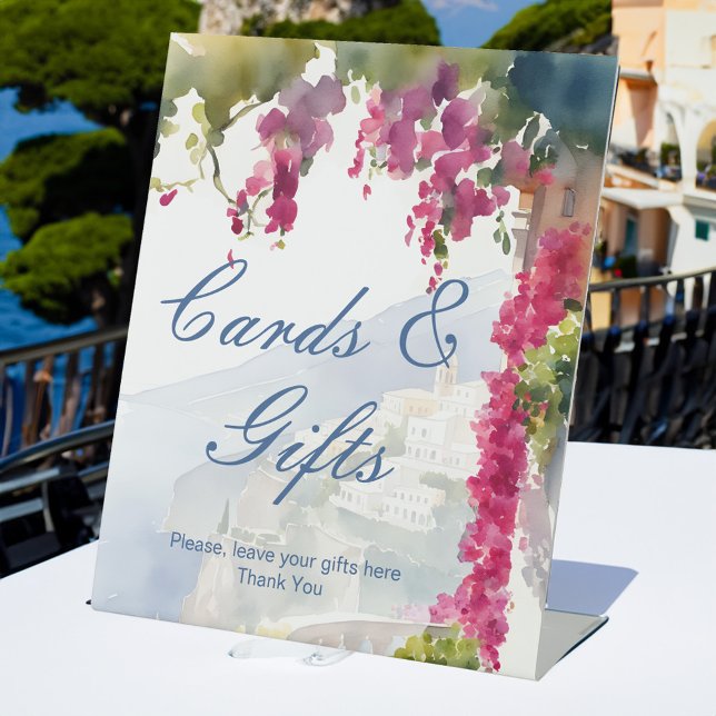 Amalfi Küste Mittelmeer Italienisches Brautparty Sockelschild (Amalfi coast Mediterranean Italian bridal shower cards and gifts table Pedestal Sign)