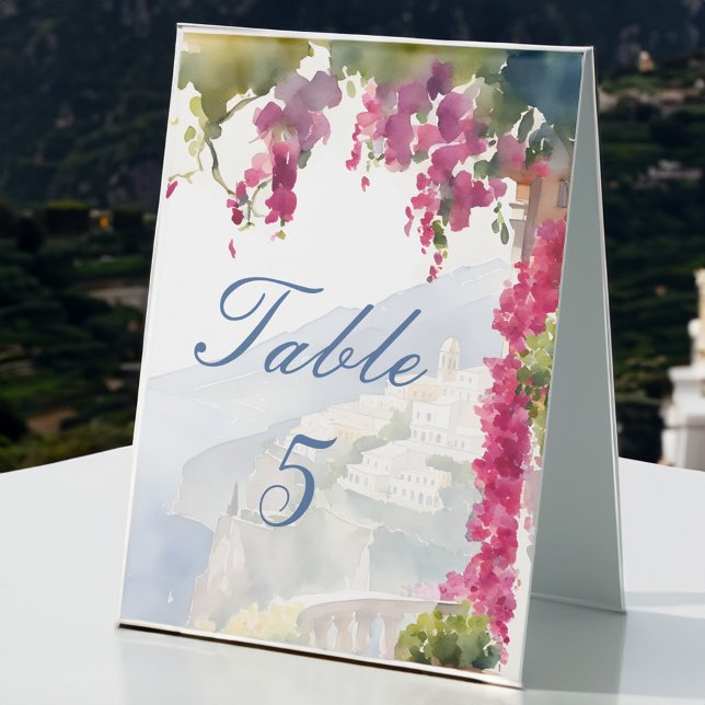 Amalfi Küste Mittelmeer Italienisches Brautparty Tischaufsteller (Amalfi coast Mediterranean Italian bridal shower Table Tent Sign bougainvillea Positano view)