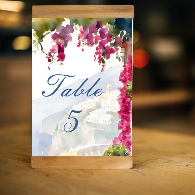 Amalfi Küste Mittelmeer Italienisches Brautparty Tischnummer (Amalfi coast Mediterranean Italian themed bridal shower Table Number cards bougainvillea coast view )