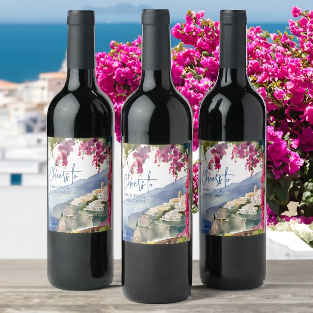 Amalfi Küste Mittelmeer-Monografie gedruckt Weinetikett (Amalfi coast bougainvillea  Mediterranean wedding bridal shower monogram printed Wine Label )