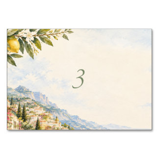 Amalfi-Küste Positano Zitronen-Aquarell-Hochzeit Tischnummer