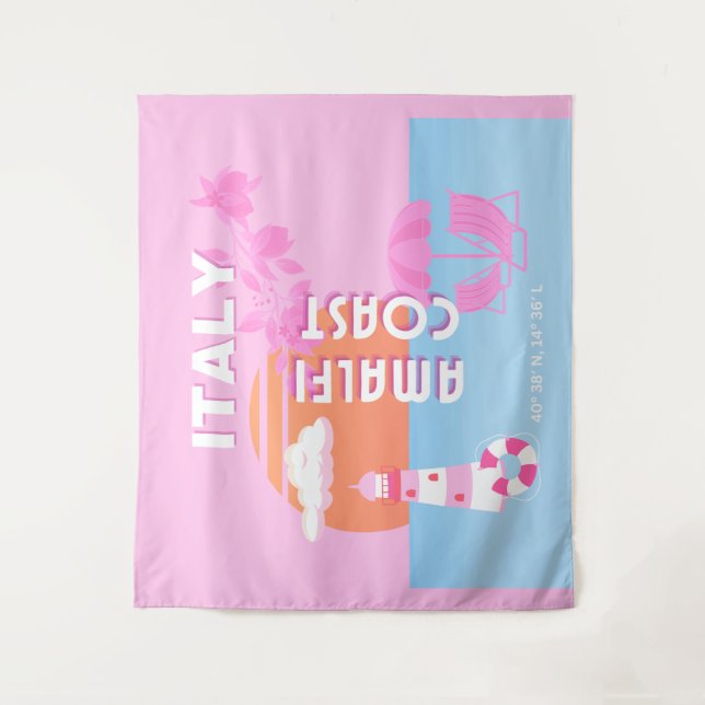 Amalfi Küste Reisen Kunst, Preppy Travel, Rosa Wandteppich (Vorderseite)