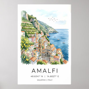 Amalfi-Küsten-Wasserfarbdruck Türkisfarbenes Meer Poster