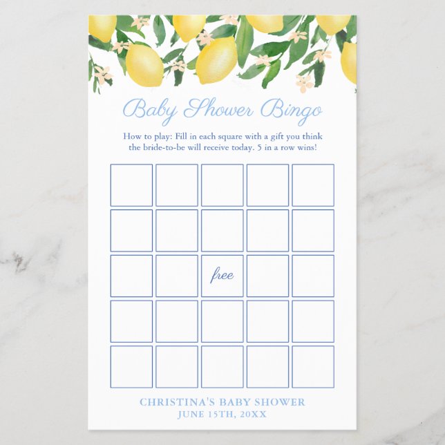 Amalfi Lemon Pale Blue Baby Dusche Bingo Game Card Flyer (Vorne)