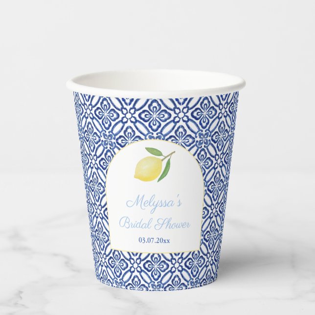 Amalfi Lemons Arch Shape Blue Tiles Brautparty Pappbecher (Vorderseite)