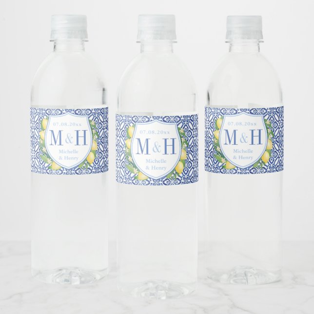 Amalfi Lemons blaue und weiße Fliesen Hochzeitskac (Flaschen)