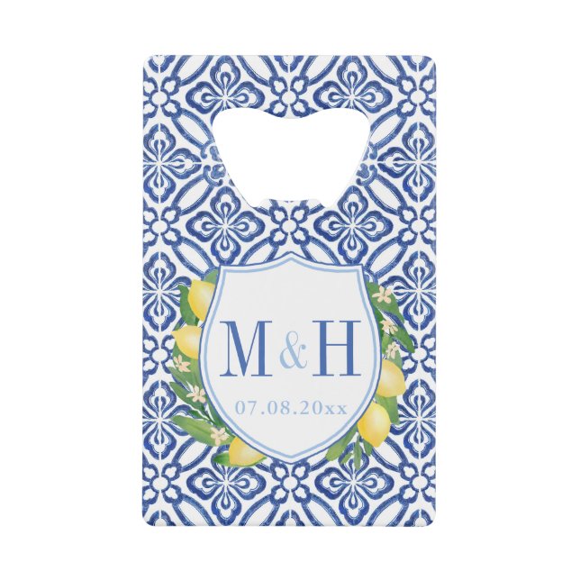 Amalfi Lemons Blue Tiles Wedding Monogram Fevor Geldbeutel Flaschenöffner (Vorderseite)