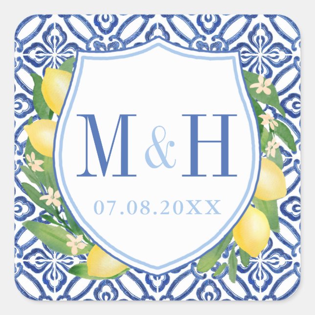 Amalfi Lemons Blue Tiles Wedes Logo Monogram Quadratischer Aufkleber (Vorderseite)