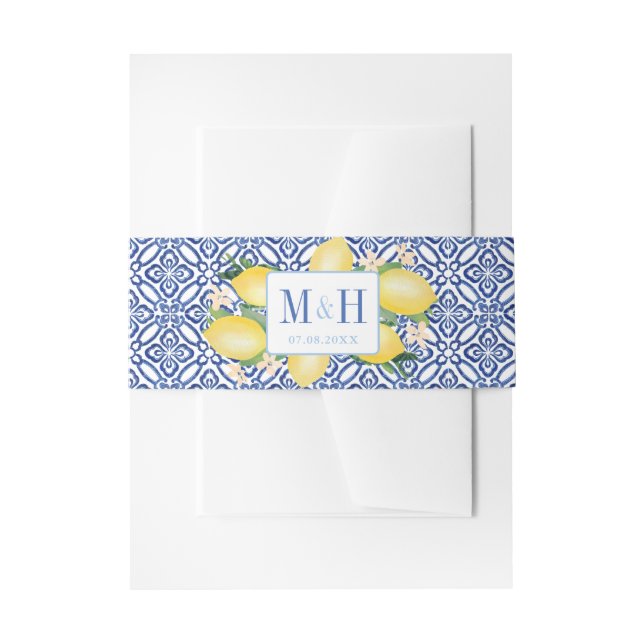 Amalfi Lemons Blue White Tiles Wedding Einladungsbanderole (Vorderseite Beispiel)