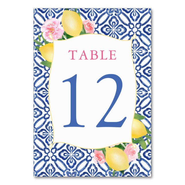 Amalfi Lemons Pink Blume Blau Tiles Wedding Tischnummer (Vorderseite)