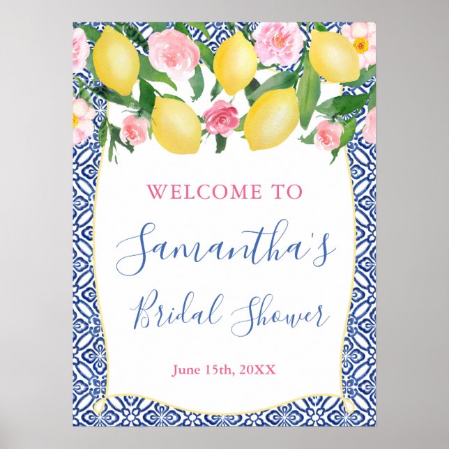 Amalfi Lemons Pink Floral Blue Tile Brautparty Poster (Vorne)