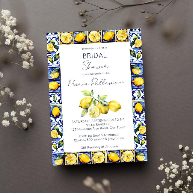 Amalfi Positano Blaue Fliesen Zitronen Brautparty Einladung (Amalfi Positano blue tiles lemons Mediterranean bridal shower template invitation digital download)