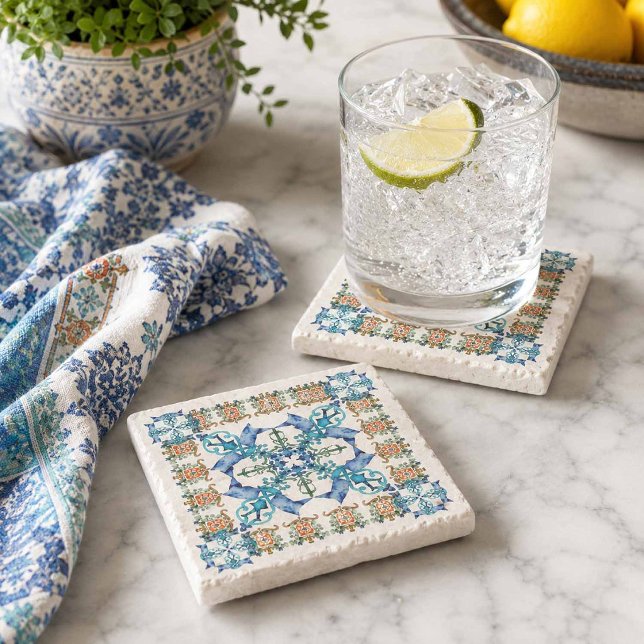Amalfi Tile Design Steinuntersetzer (Decorative stone coasters Amalfi style design in blue)