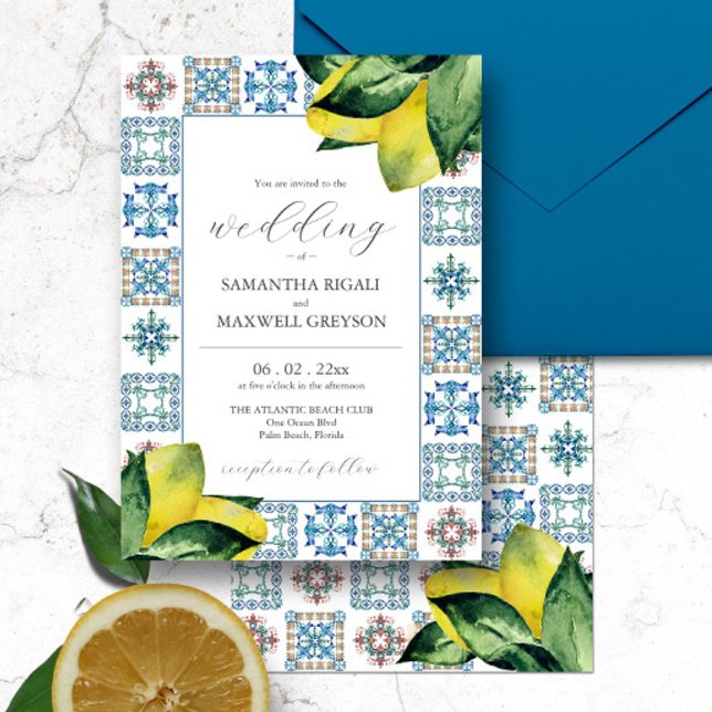 Amalfi Tile & Watercolor Lemon Hochzeit Einladunge Einladung (Italian destination wedding Amalfi tile and watercolor lemon art by Victoria Grigaliunas )