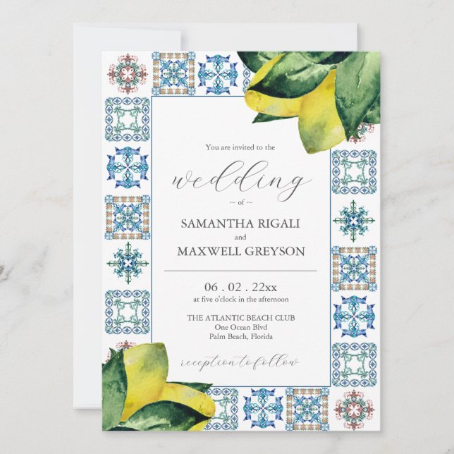 Amalfi Tile & Watercolor Lemon Hochzeit Einladunge Einladung (Vorderseite)
