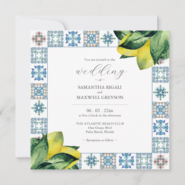 Amalfi Tile & Watercolor Lemon Hochzeit Einladunge Einladung (Vorderseite)