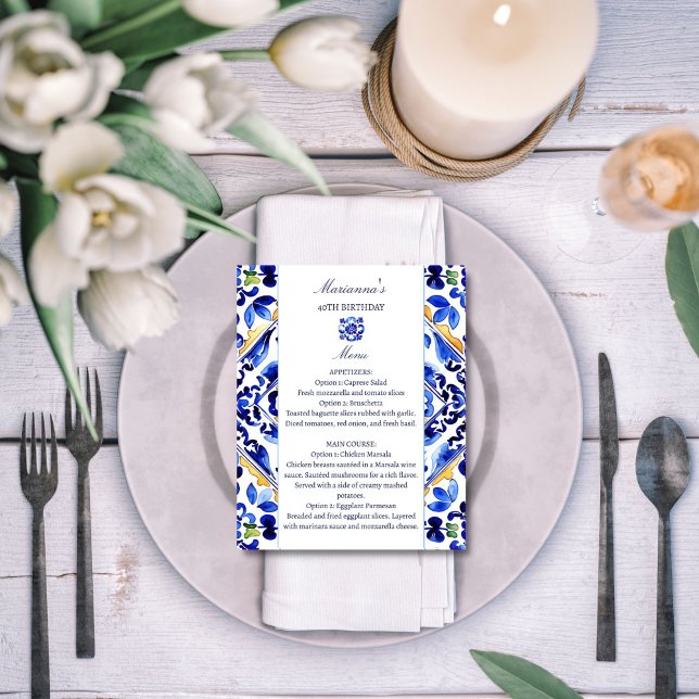 Amalfi Vietri Italienische Karte mit blauen Fliese (Amalfi Vietri Italian blue tiles menu card Mediterranean themed party elegant menu card table decor)
