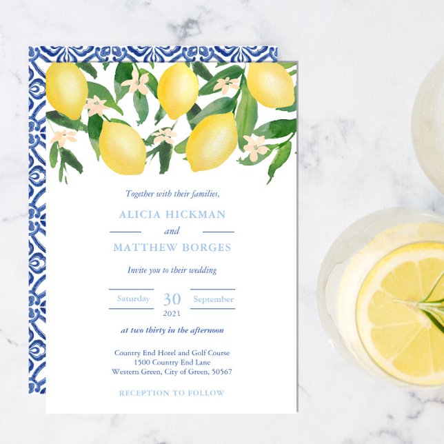 Amalfi Zesty Lemons Vintag Blue Tiles Wedding Einladung (Von Creator hochgeladen)