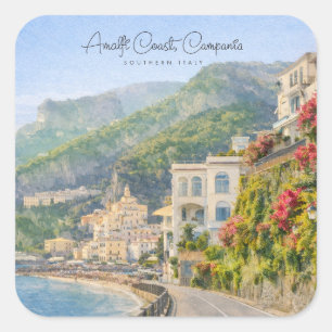 Amalfiküste Aquarell Romantisches Reiseandenken Quadratischer Aufkleber