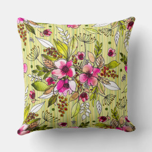 Amanda-Pink Floral auf gelben grünen Streifen Kissen