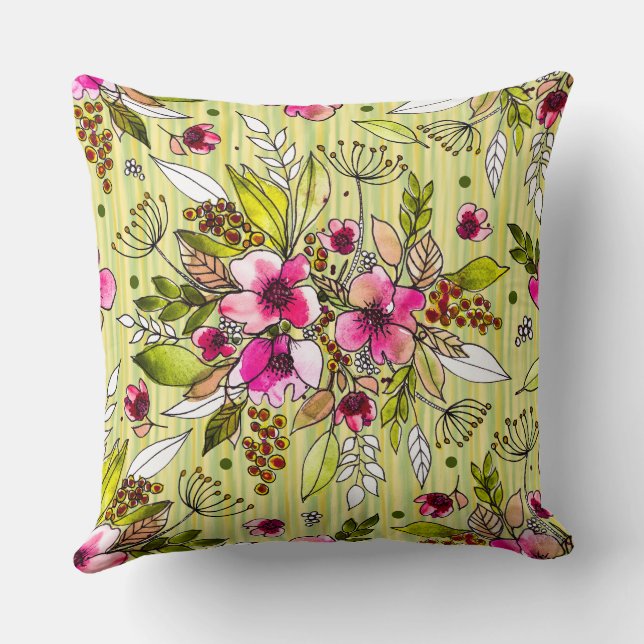 Amanda-Pink Floral auf gelben grünen Streifen Kissen (Rückseite)