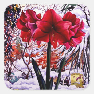 Amaryllis by Snow Window Quadratischer Aufkleber