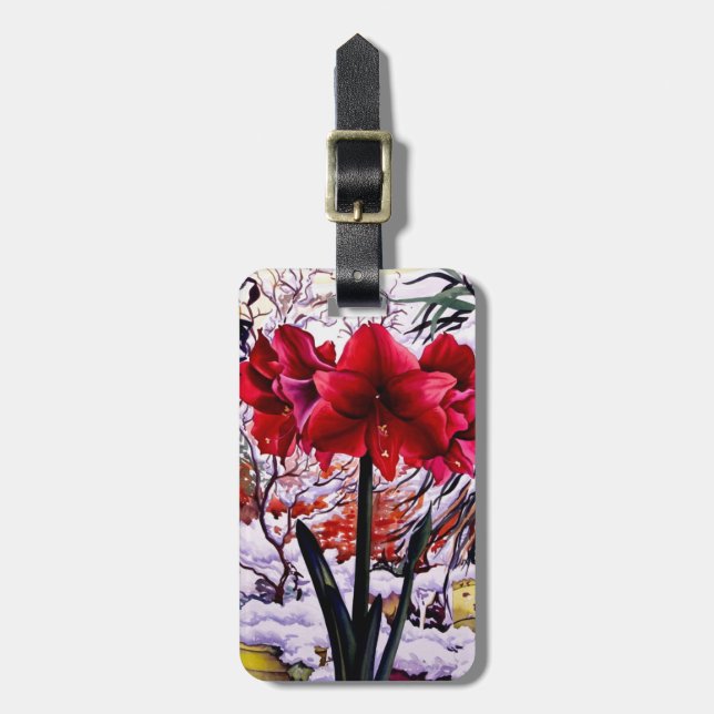 Amaryllis durch Schnee-Fenster Gepäckanhänger (Vorderseite vertikal)